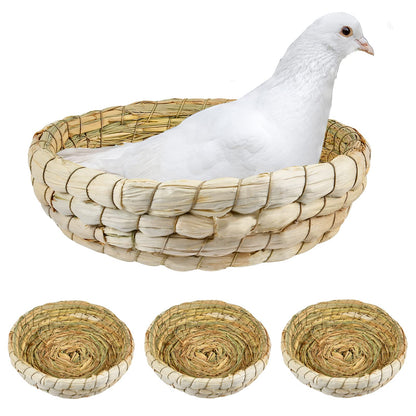 Aemygo 4 Pcs Bird Nest Handmade Woven Small Animal Breeding Nest Bed with Corn Leaves Flat Base Natual Straw Bird House Cage Accessories for Dove Pigeon Parrot Sparrow