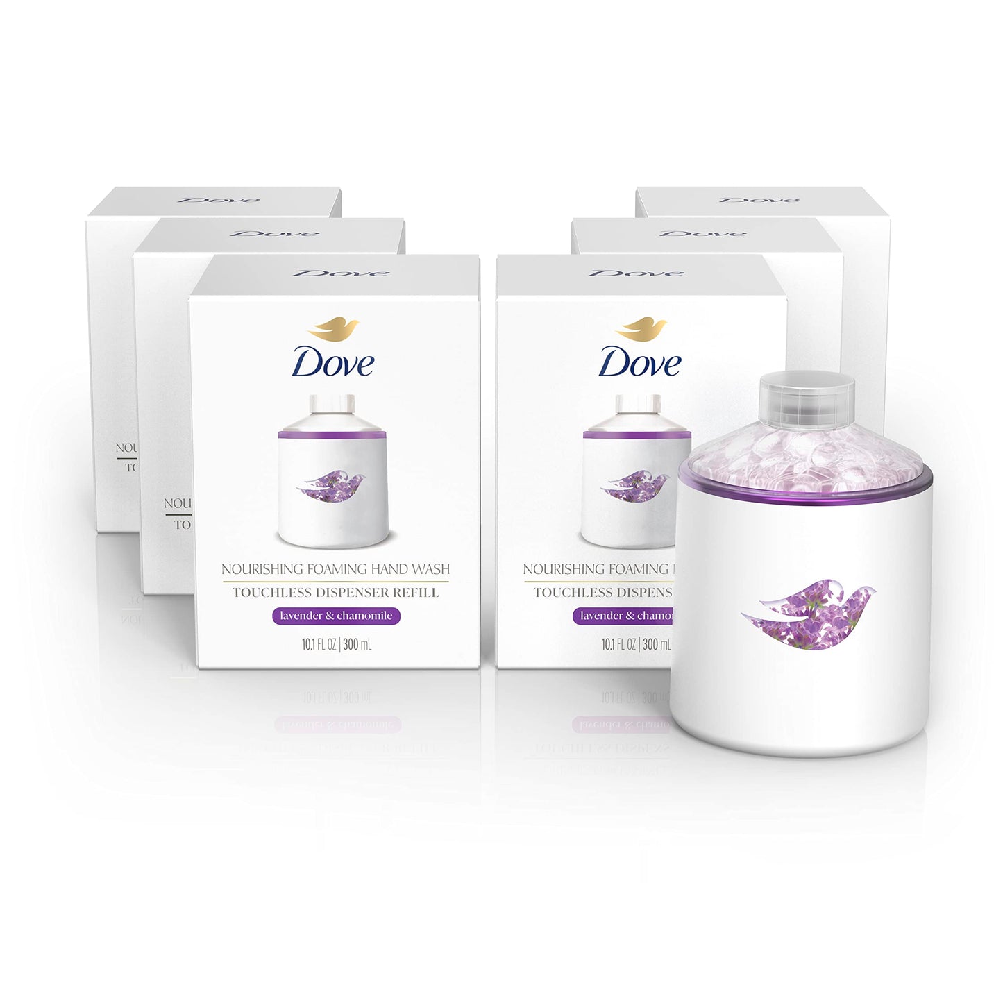 Repuesto para Dispensador sin Contacto de Jabón Líquido Espumoso Nutritivo Dove Lavanda y Manzanilla, Jabón Líquido Humectante para Manos para una Nutrición Duradera 300 ml, Paquete de 6
