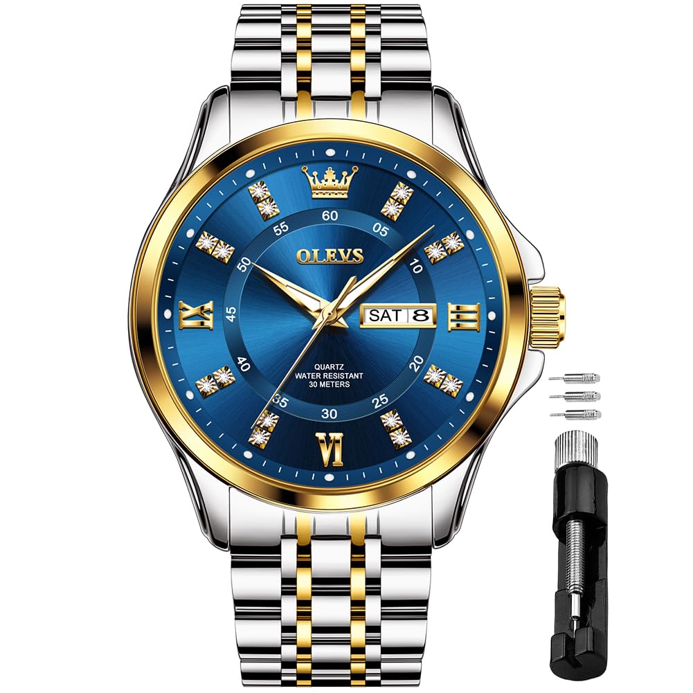 OLEVS Relojes de Hombre con Esfera Azul Negocios Diamante Analógico Fácil Lectura Reloj de Pulsera para Hombre Impermeable Luminoso Calendario Reloj de Vestir Masculino