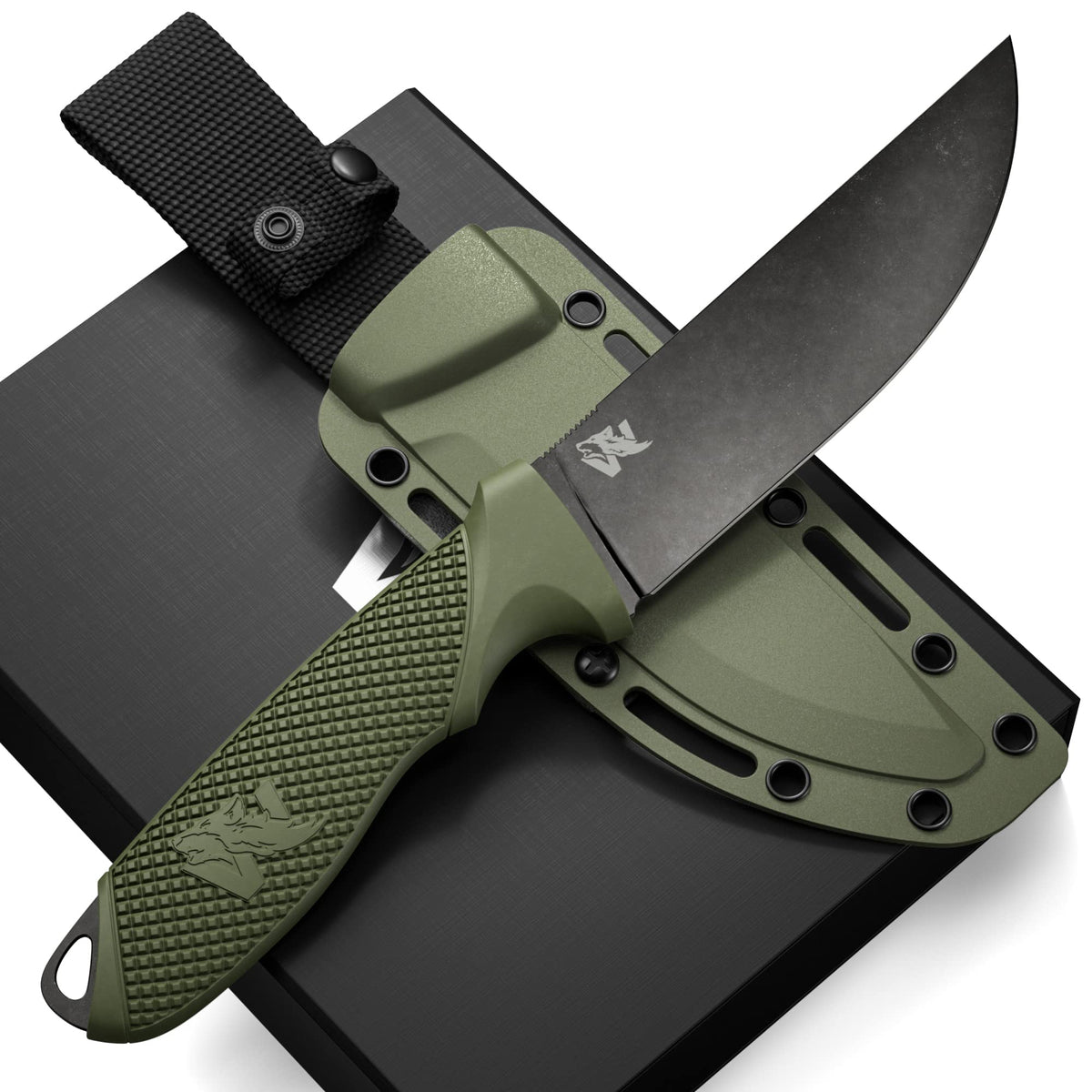 Cuchillo de Supervivencia de Espiga Completa ODENWOLF W-FLAT con Funda - Cuchillo Táctico de Hoja Fija con Estilo - Hecho de Acero D2 - Cuchillo de Supervivencia para Bushcraft y Camping - Cuchillo de Caza EDC Perfecto con Mango de TPE