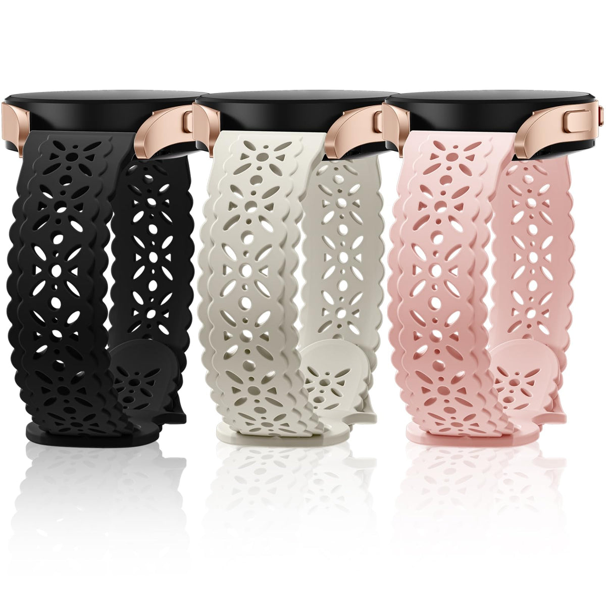 Correas de encaje floral compatibles con Samsung Galaxy Watch 6/Galaxy Watch 5/Galaxy Watch 4/Watch 5 Pro/Watch 4 6 Classic/Watch 3/Active 2, correa deportiva de silicona suave calada de 20 mm para mujer