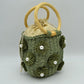 Floral Pearl Accented Straw Bucket Bag with Drawstring Liner