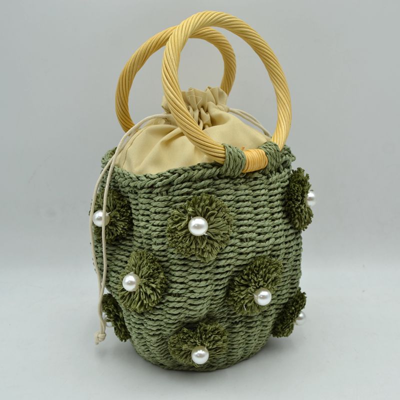 Floral Pearl Accented Straw Bucket Bag with Drawstring Liner