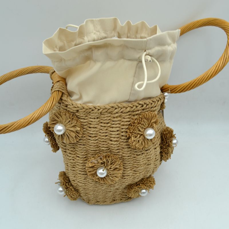 Floral Pearl Accented Straw Bucket Bag with Drawstring Liner