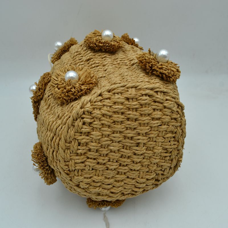 Floral Pearl Accented Straw Bucket Bag with Drawstring Liner