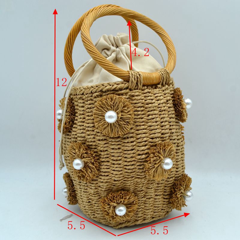 Floral Pearl Accented Straw Bucket Bag with Drawstring Liner