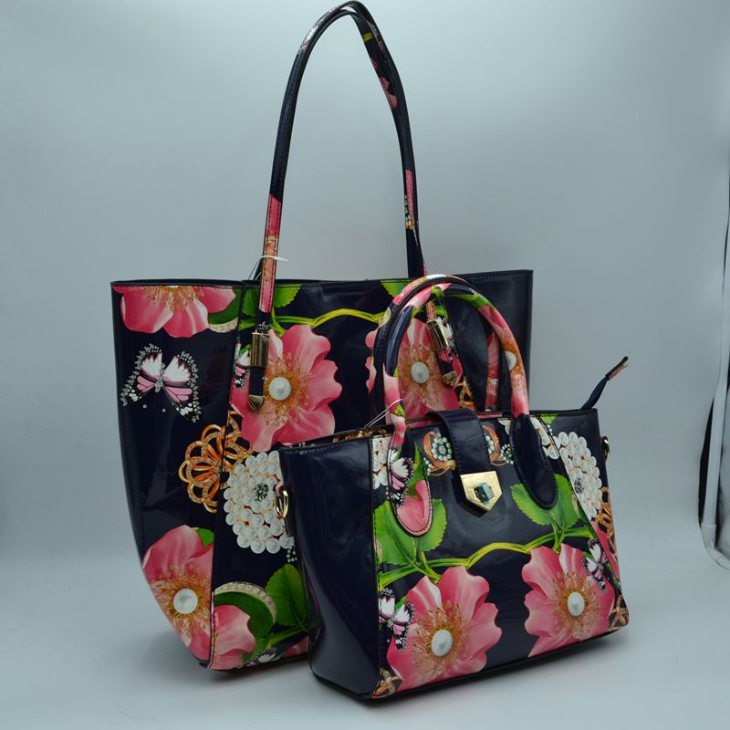 2-Piece Patent Floral Tote Bag and Matching Satchel Set