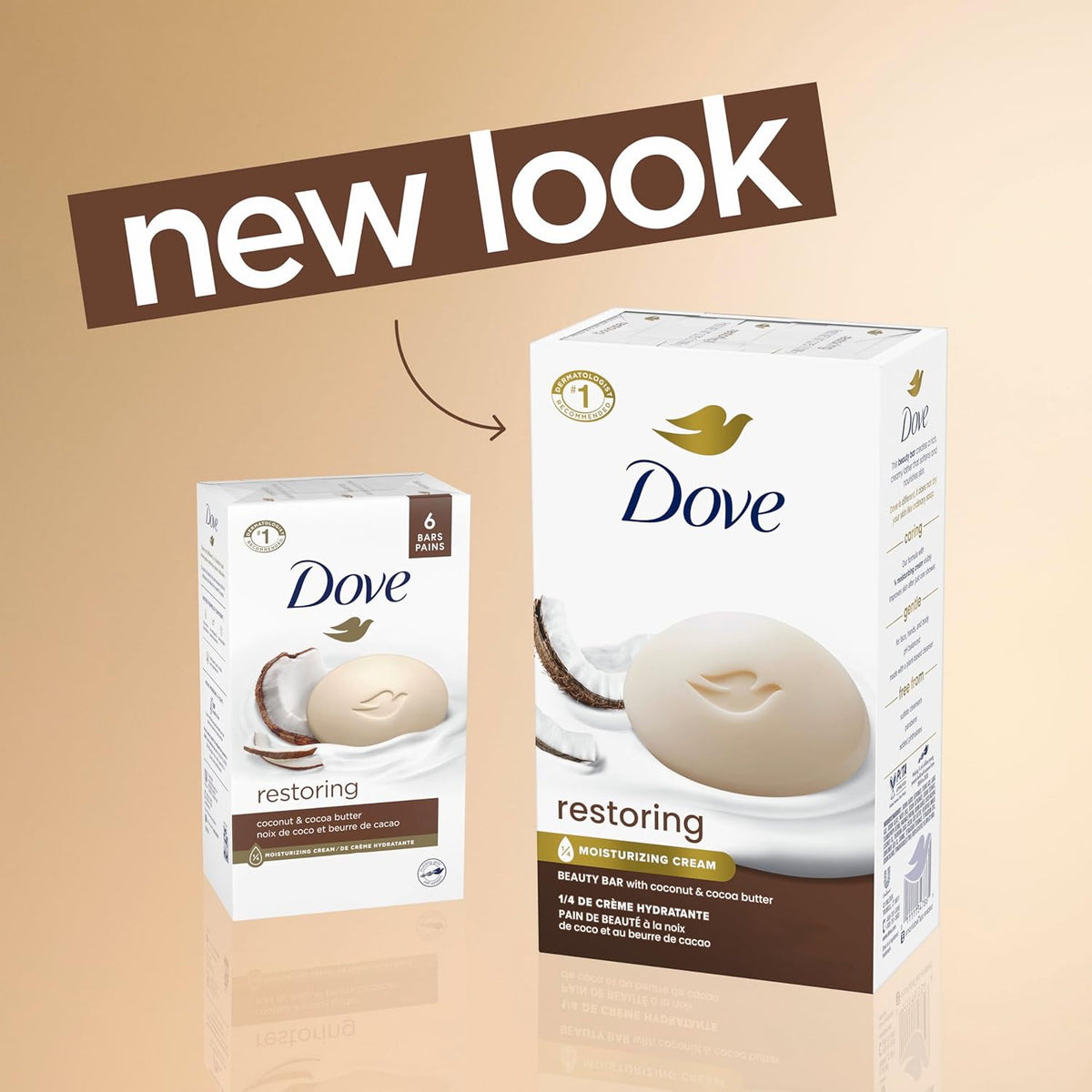 Dove Beauty Bar Jabón en barra Restaurador de Coco y Manteca de Cacao, 6 unidades para piel restaurada, nutre la piel 106 g