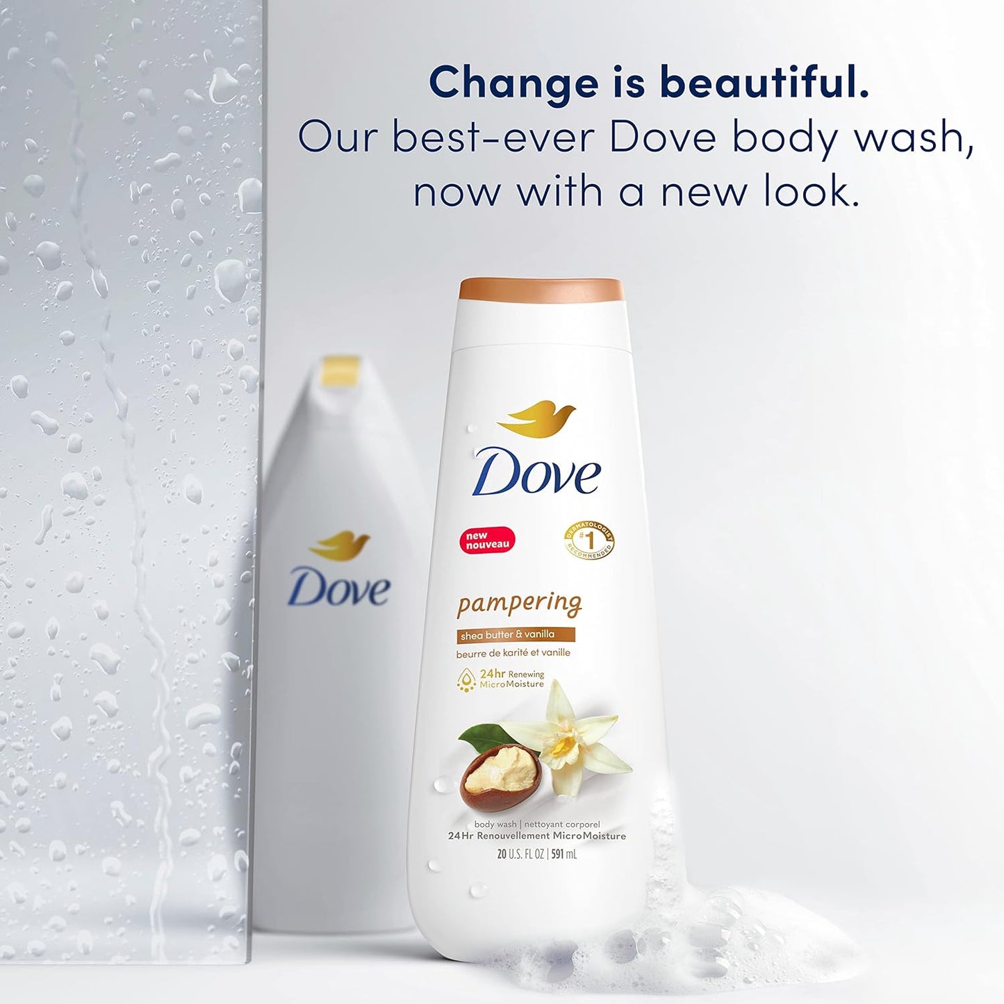 Dove Jabón Líquido Corporal, 4 unidades, humectante de karité y vainilla para una piel renovada y de aspecto saludable, limpiador suave con micromoléculas renovadoras de 24 horas, 20 oz