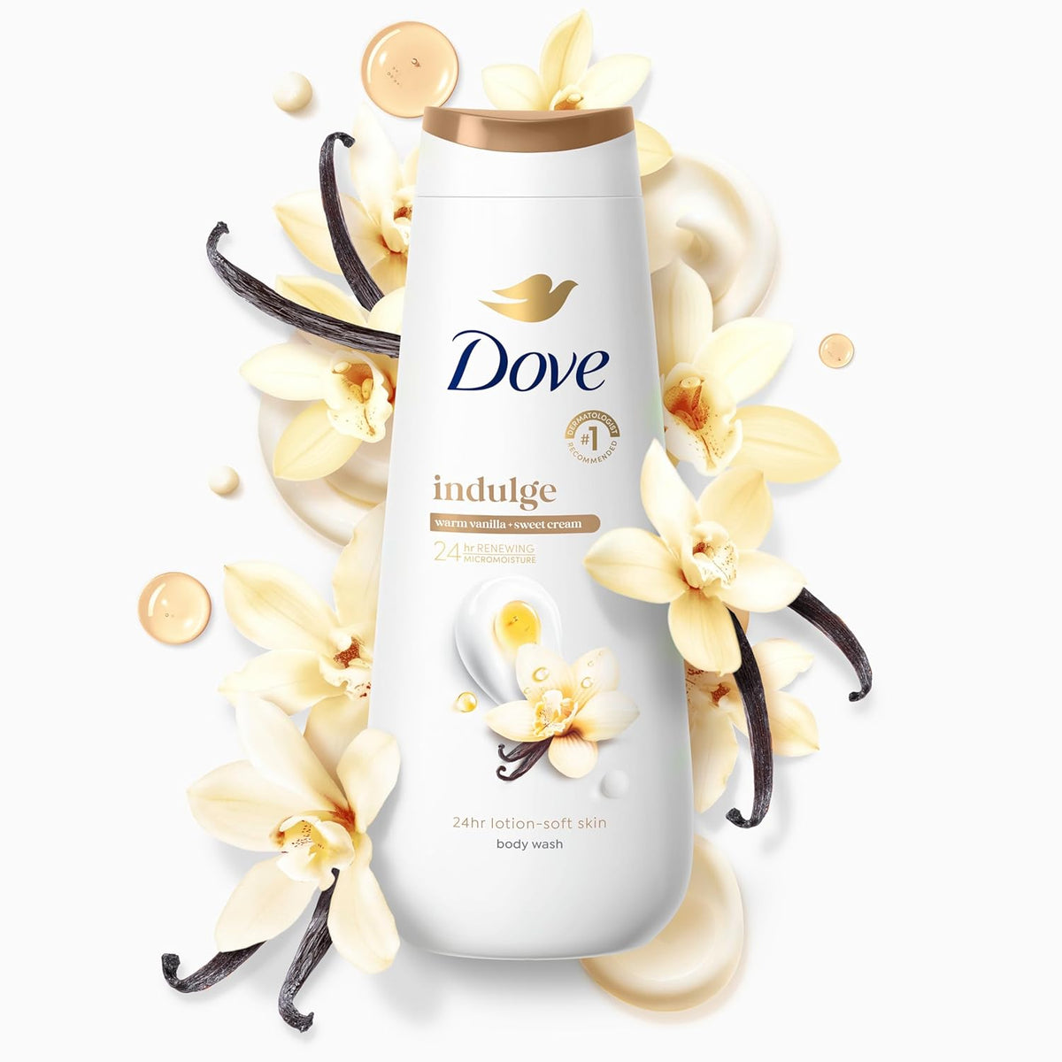 Dove Indulge Gel de Baño Vainilla Cálida + Crema Dulce para Piel Hidratada y Suave 20 oz líq.