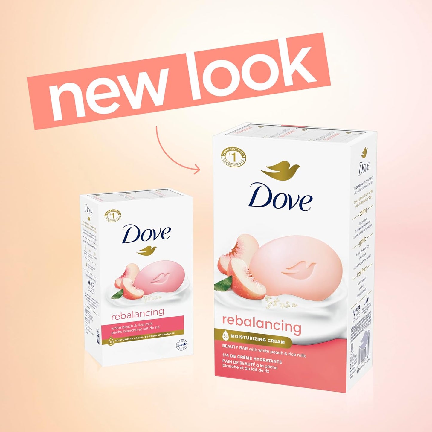 Dove Beauty Bar Jabón en barra Reequilibrante Durazno blanco y leche de arroz, paquete de 6 unidades para una piel nutrida e hidratada, con ¼ de crema humectante y fórmula de origen vegetal, 106 g
