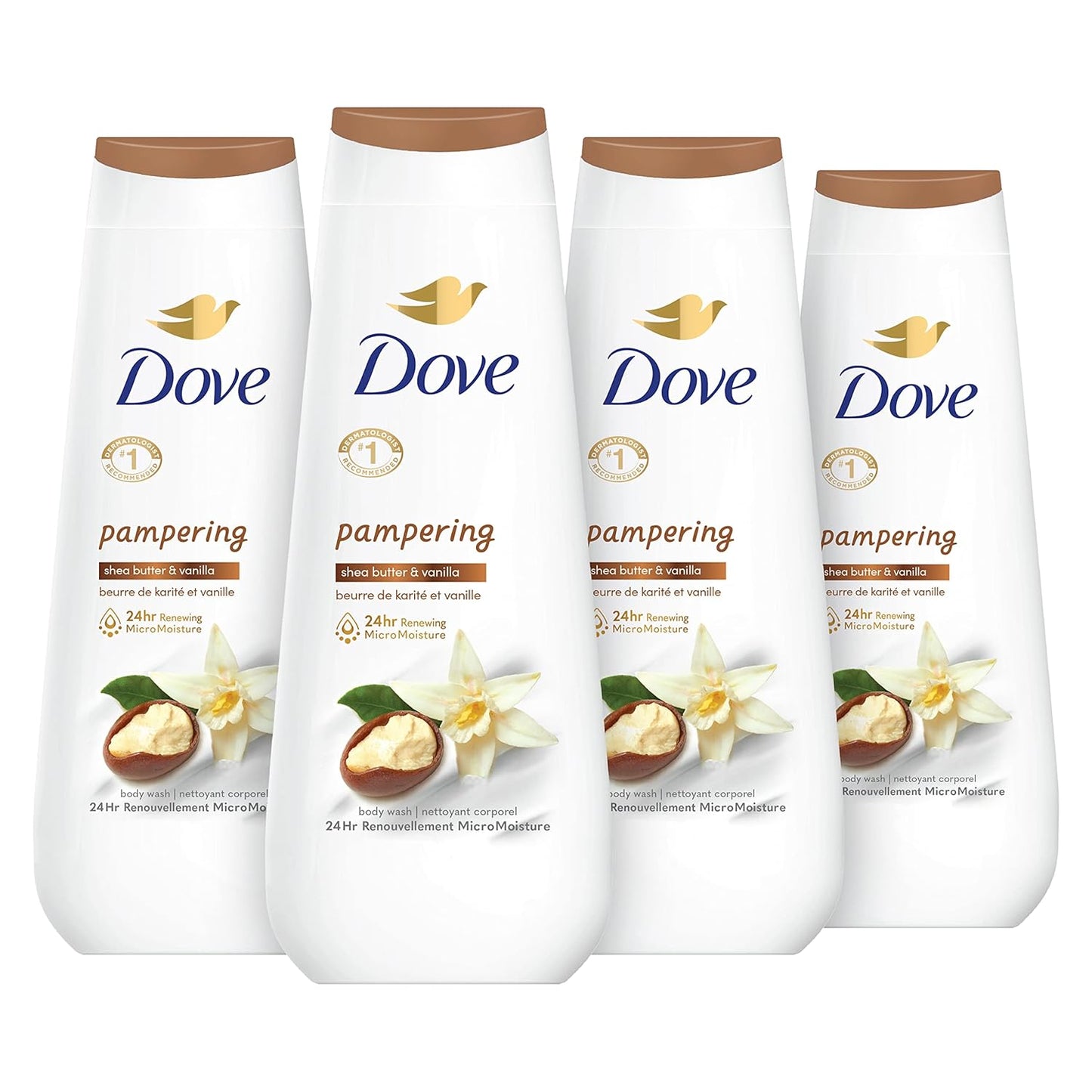 Dove Jabón Líquido Corporal, 4 unidades, humectante de karité y vainilla para una piel renovada y de aspecto saludable, limpiador suave con micromoléculas renovadoras de 24 horas, 20 oz