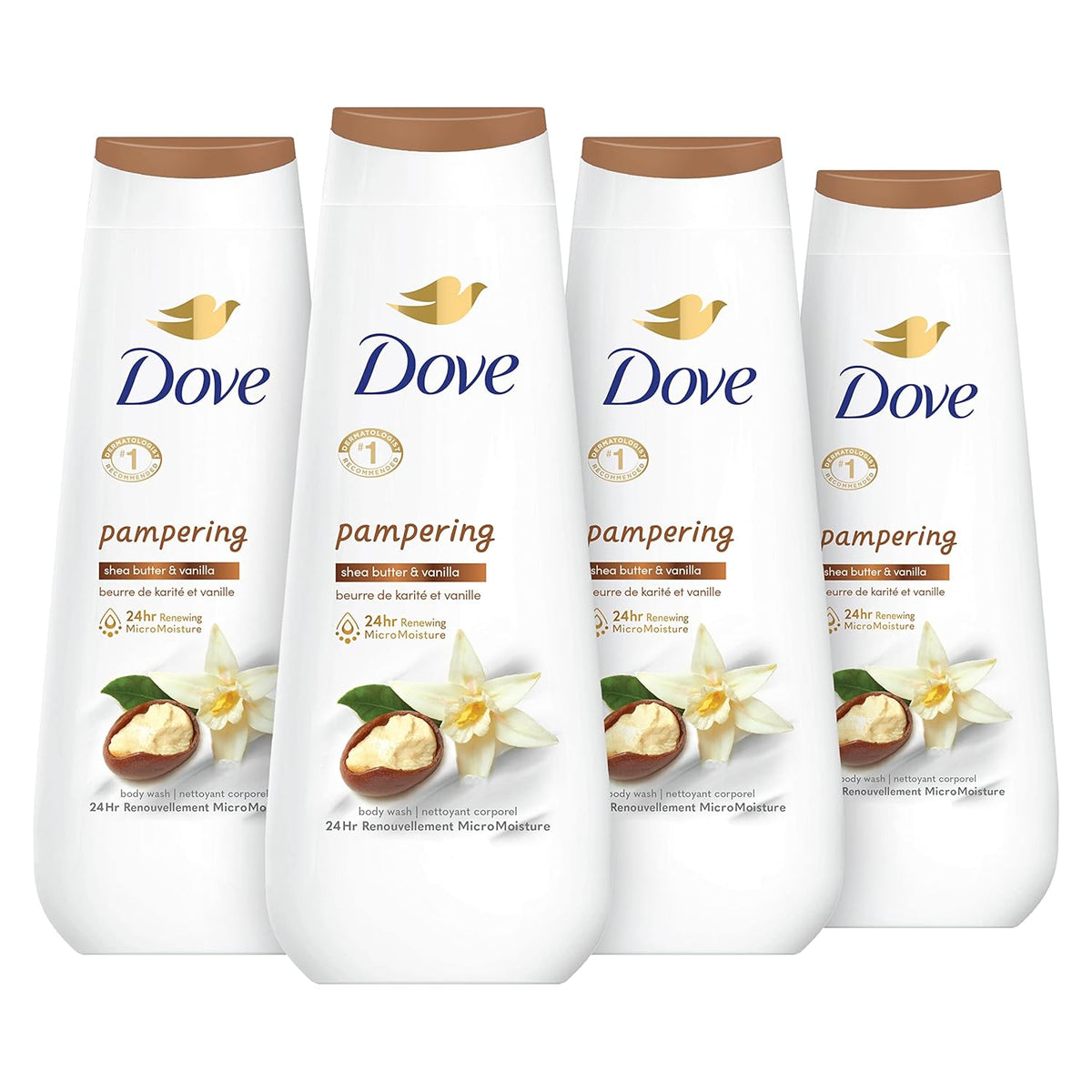Dove Jabón Líquido Corporal, 4 unidades, humectante de karité y vainilla para una piel renovada y de aspecto saludable, limpiador suave con micromoléculas renovadoras de 24 horas, 20 oz