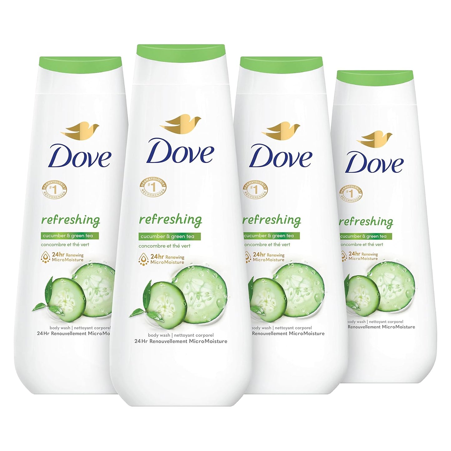 Dove Gel Corporal Pepino Refrescante y Té Verde Paquete de 4 Limpiador que Refresca la Piel y Elimina Eficazmente las Bacterias a la Vez que Nutre tu Piel 591 ml