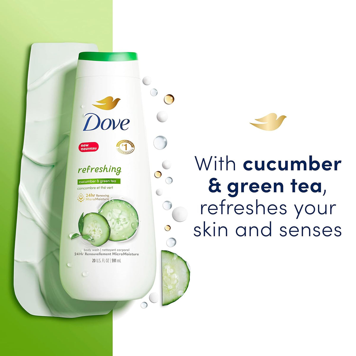 Dove Gel Corporal Pepino Refrescante y Té Verde Paquete de 4 Limpiador que Refresca la Piel y Elimina Eficazmente las Bacterias a la Vez que Nutre tu Piel 591 ml
