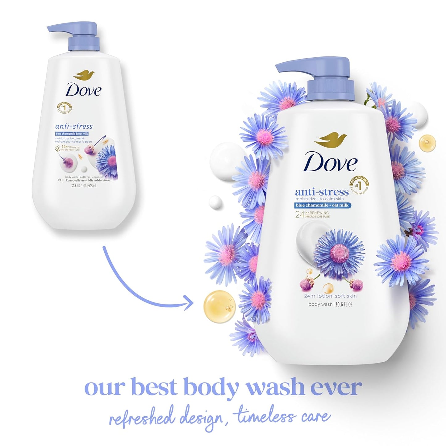Dove Jabón Corporal con Dosificador Anti estrés, de Camomila Azul y Leche de Avena, para una Piel Suave e Hidratada por 24 Horas, Limpiador Hidratante sin Sulfatos ni Parabenos, 907 g