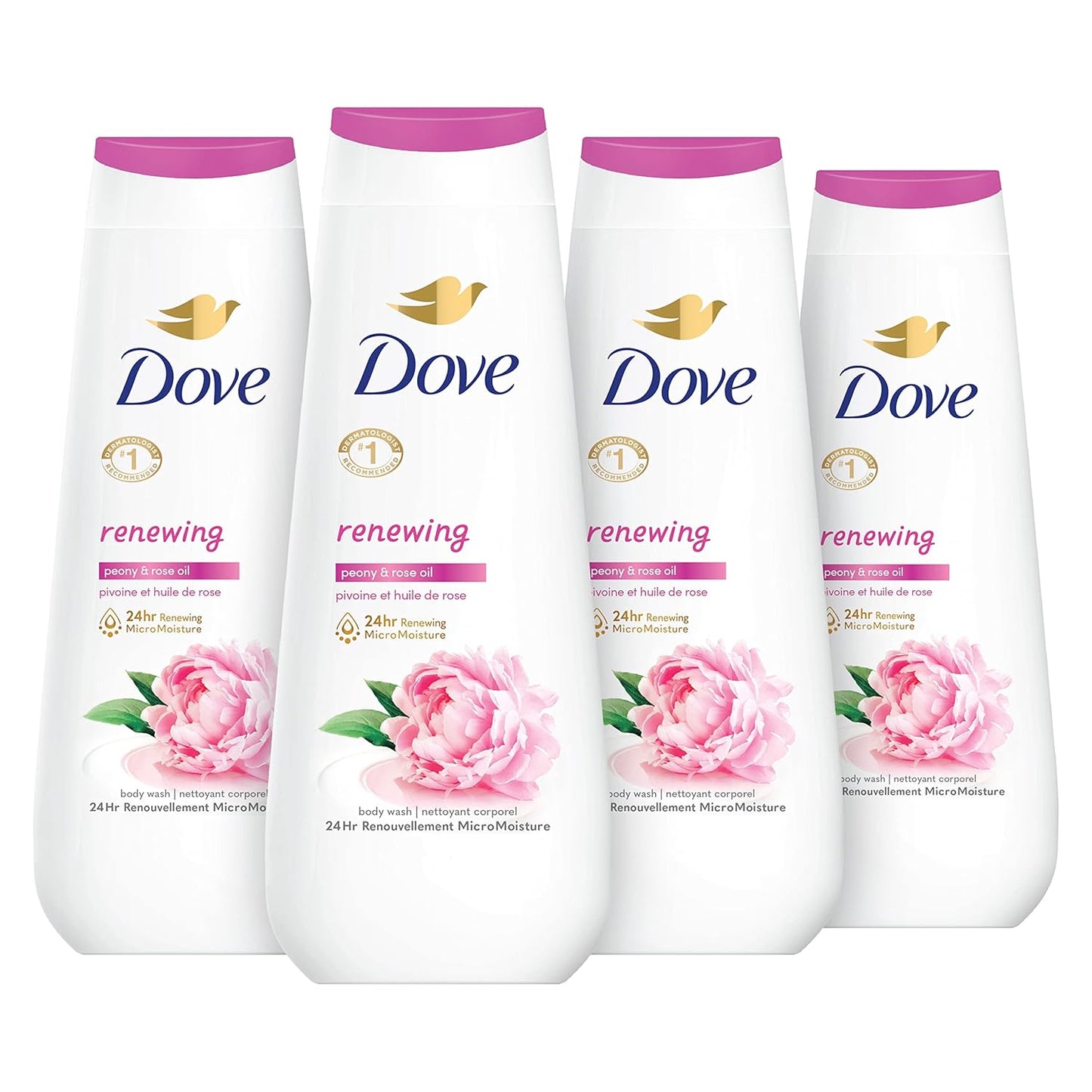 Jabón corporal Dove 4 unidades Renovación de peonía y aceite de rosa para una piel renovada y de aspecto saludable, limpiador suave con microhumectación renovadora 24 horas, 20 oz