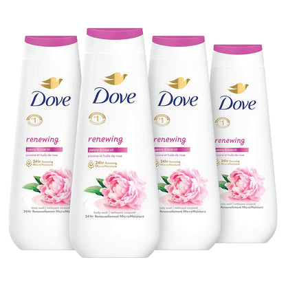 Jabón corporal Dove 4 unidades Renovación de peonía y aceite de rosa para una piel renovada y de aspecto saludable, limpiador suave con microhumectación renovadora 24 horas, 20 oz