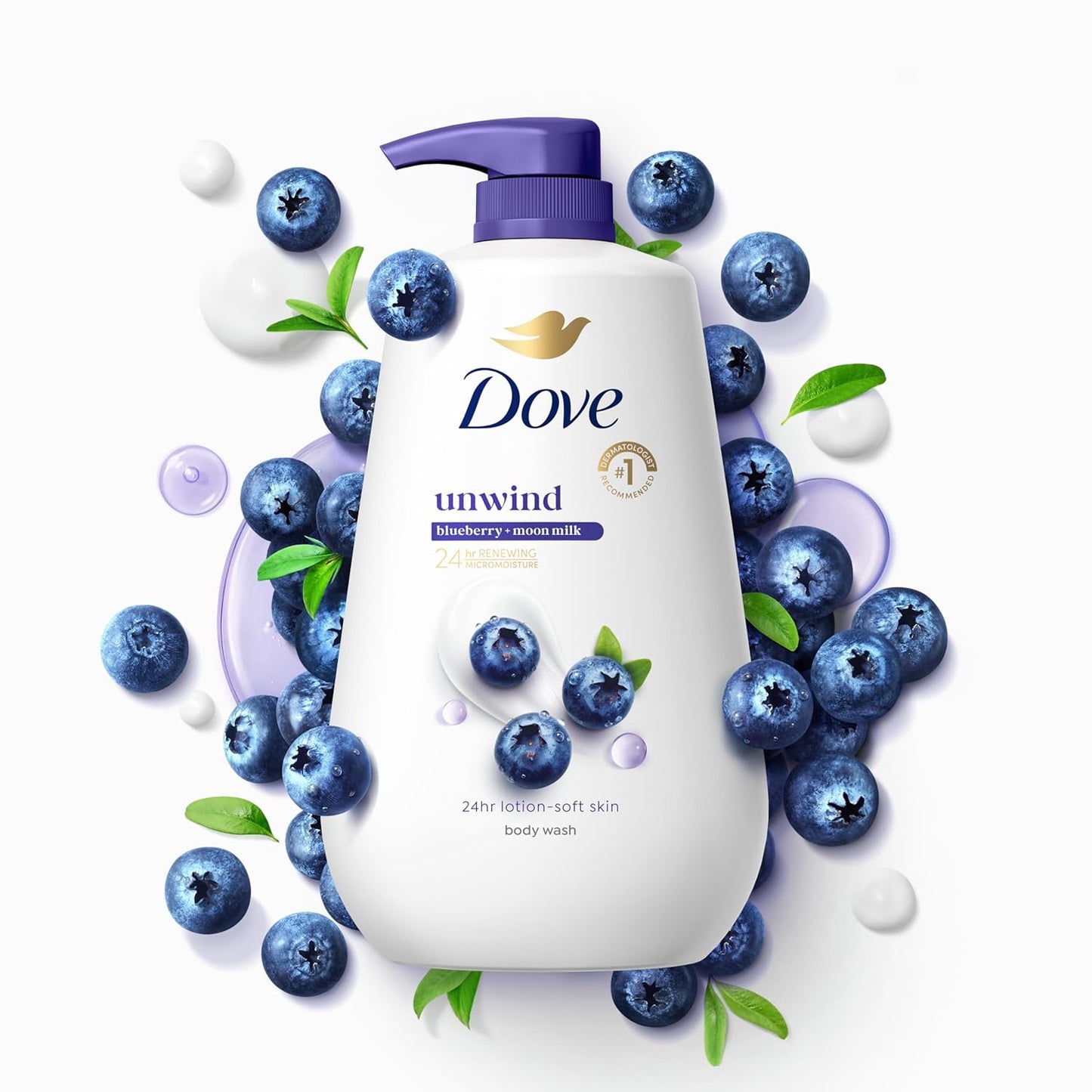 Gel de baño Dove Unwind de arándanos y leche lunar para una piel suave como loción durante 24 horas, limpiador hidratante para la piel sin sulfatos ni parabenos, 907 g