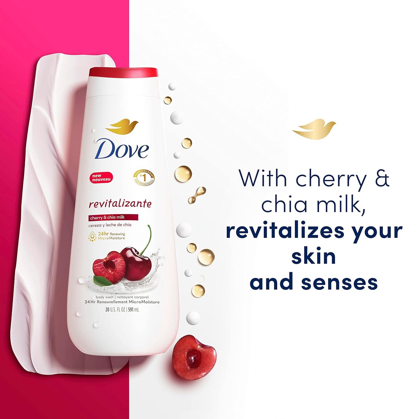 Dove Jabón Corporal Revitalizante Cherry & Chia Milk, 4 unidades para una piel renovada y saludable, Limpiador suave con MicroHumectación Renovadora 24h, 591 ml