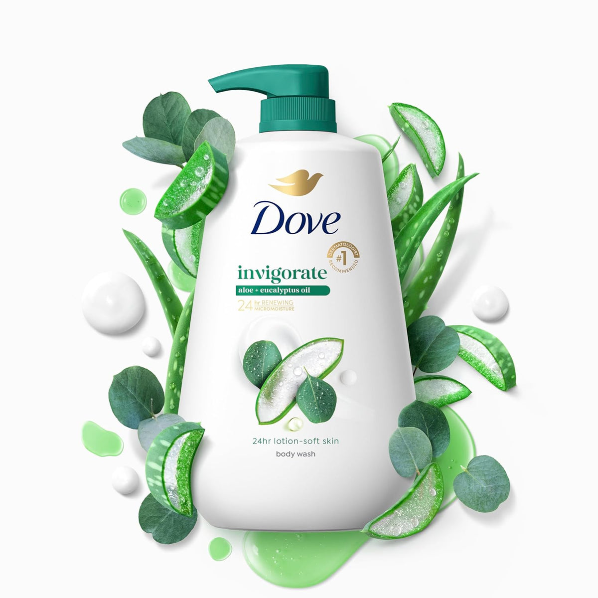 Gel de ducha Dove con dosificador Aloe & Eucalipto Tonificante Para una piel suave como la de una loción durante 24h Limpiador hidratante sin sulfatos ni parabenos 907 g