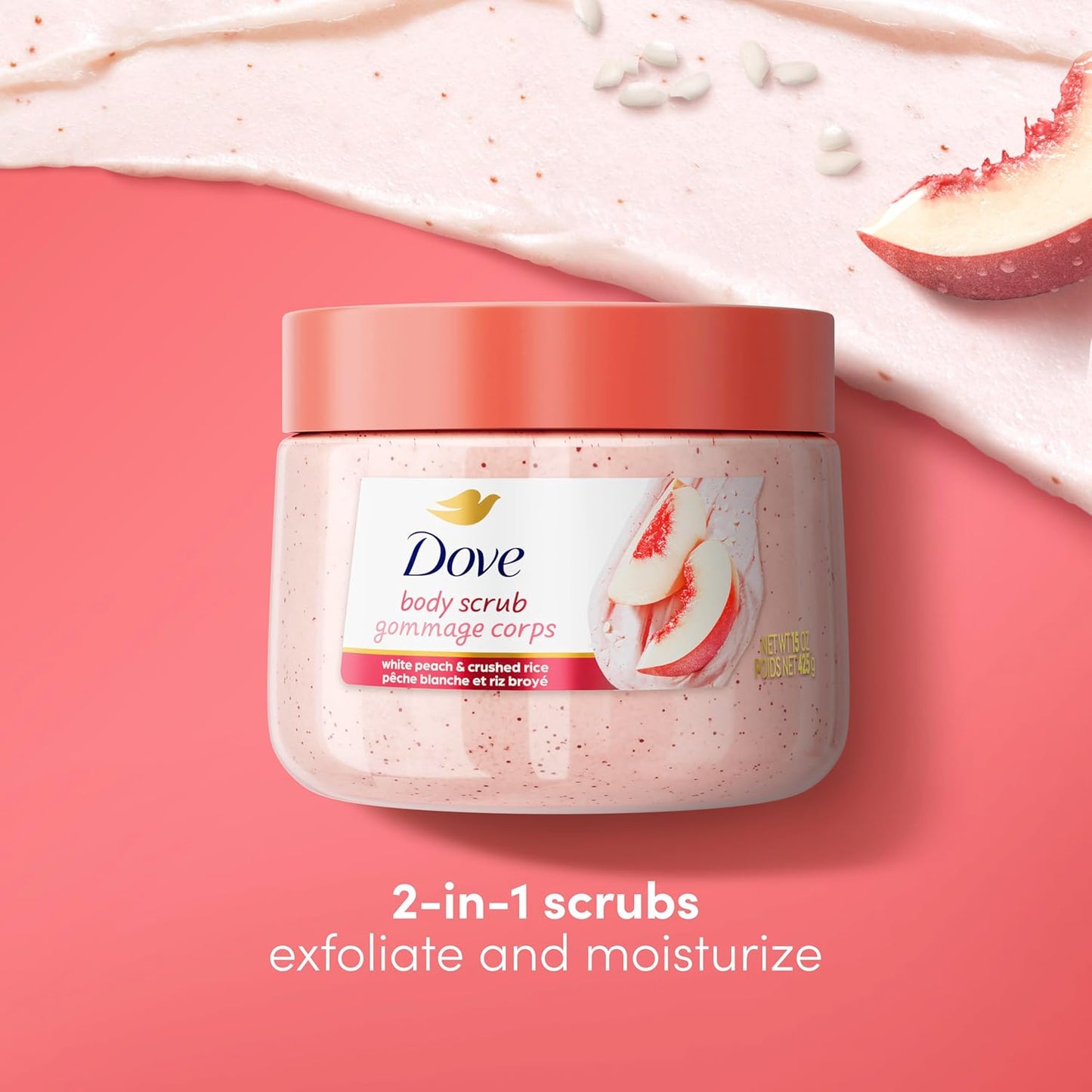 Exfoliante Corporal Dove Durazno Blanco y Arroz Triturado Exfolia y Nutre Profundamente para una Piel Suave y Radiante 15 oz