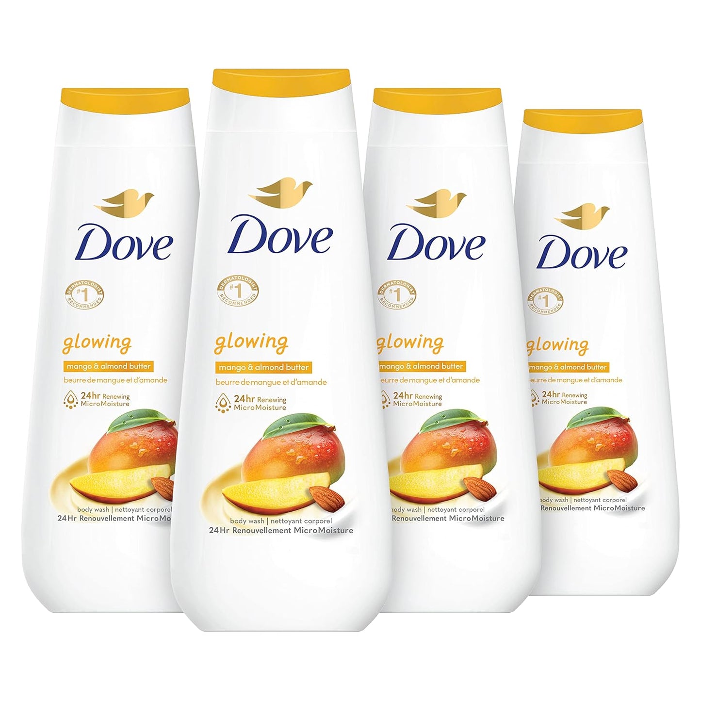 Dove Body Wash Mango Radiante y Manteca de Almendras Paquete de 4 para una Piel Renovada y con Aspecto Saludable, Limpiador Corporal Suave con MicroHumectación Renovadora de 24 horas, 591 ml