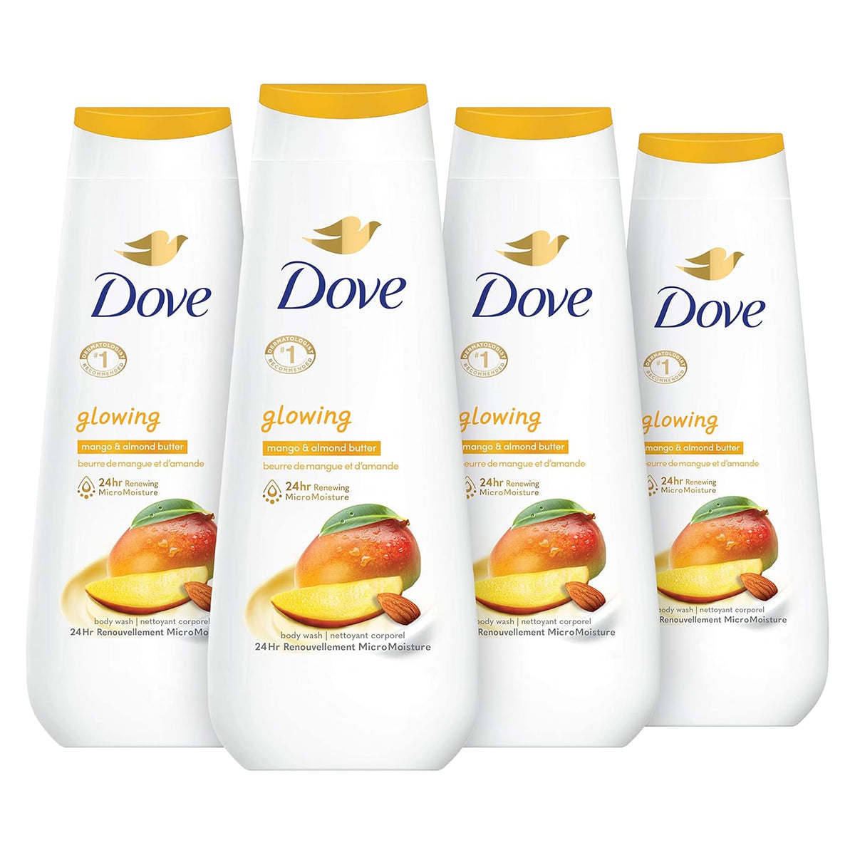 Dove Body Wash Mango Radiante y Manteca de Almendras Paquete de 4 para una Piel Renovada y con Aspecto Saludable, Limpiador Corporal Suave con MicroHumectación Renovadora de 24 horas, 591 ml