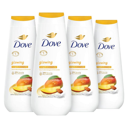 Dove Body Wash Mango Radiante y Manteca de Almendras Paquete de 4 para una Piel Renovada y con Aspecto Saludable, Limpiador Corporal Suave con MicroHumectación Renovadora de 24 horas, 591 ml