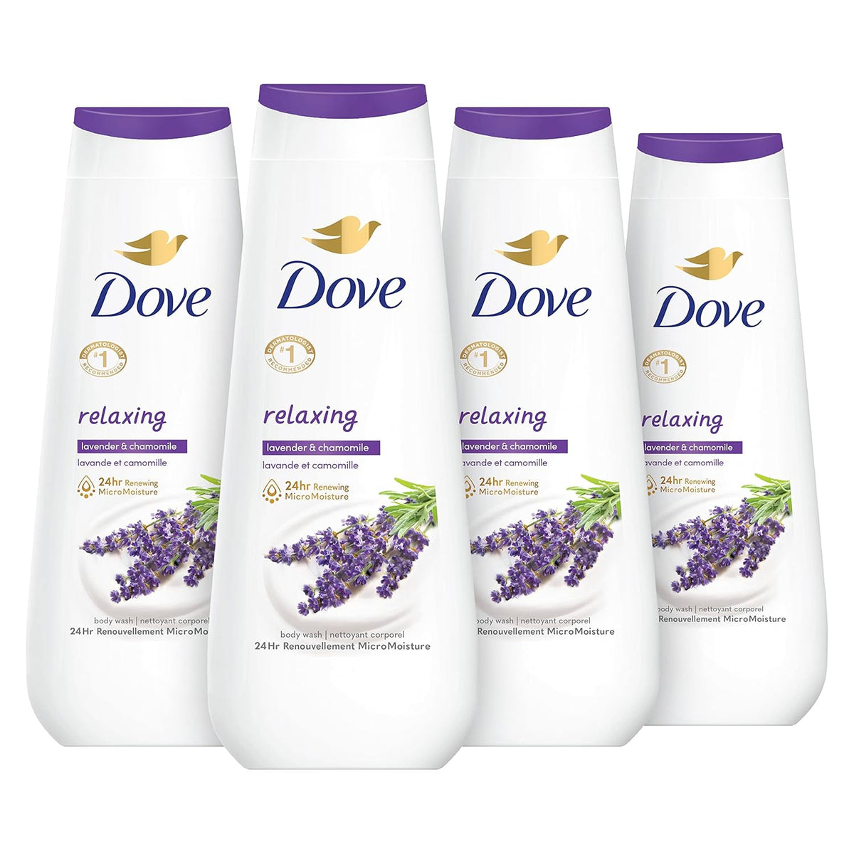 Dove Gel de Ducha 4 Unidades Relajante con Aceite de Lavanda y Manzanilla para una Piel Renovada y de Aspecto Saludable Limpiador Suave con Microhumedad Renovadora de 24 horas 20 oz