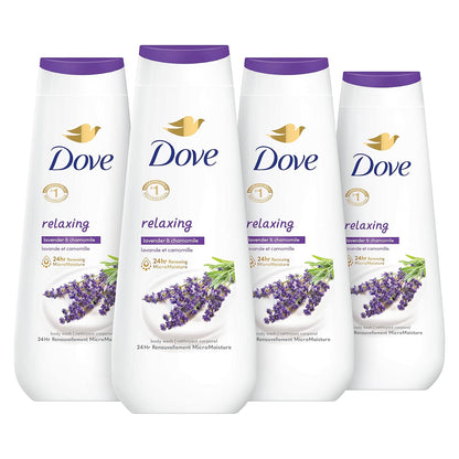 Dove Gel de Ducha 4 Unidades Relajante con Aceite de Lavanda y Manzanilla para una Piel Renovada y de Aspecto Saludable Limpiador Suave con Microhumedad Renovadora de 24 horas 20 oz