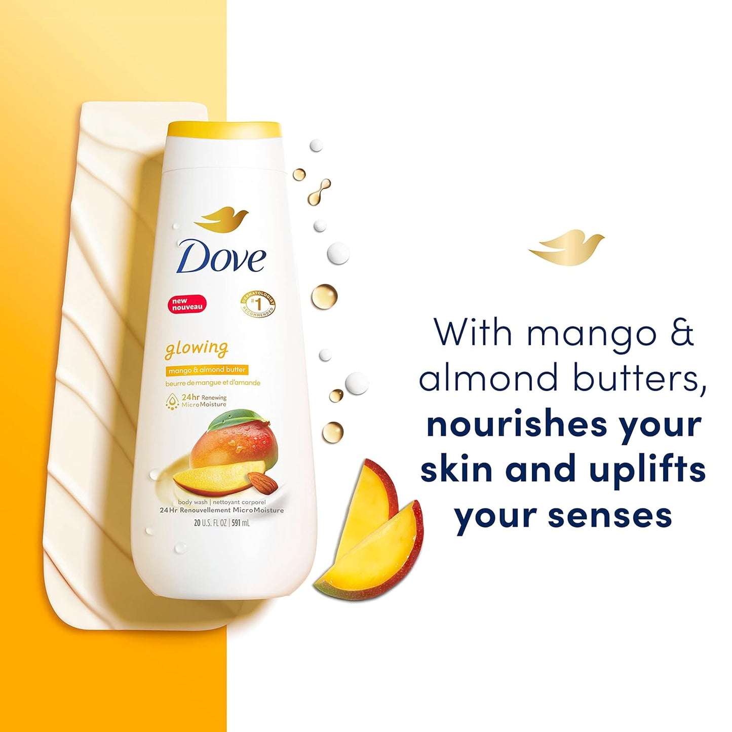 Dove Body Wash Mango Radiante y Manteca de Almendras Paquete de 4 para una Piel Renovada y con Aspecto Saludable, Limpiador Corporal Suave con MicroHumectación Renovadora de 24 horas, 591 ml