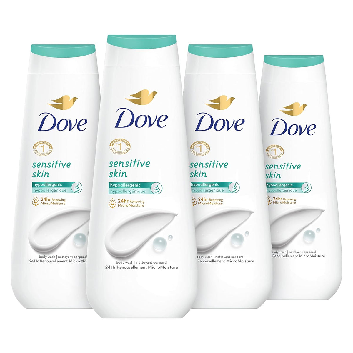 Dove Gel de Ducha Piel Sensible Paquete de 4 Hipoalergénico, Sin Parabenos, Sin Sulfatos, Libre de Crueldad Animal, Limpiador Hidratante para la Piel Elimina Eficazmente las Bacterias Mientras Nutre la Piel 591 ml