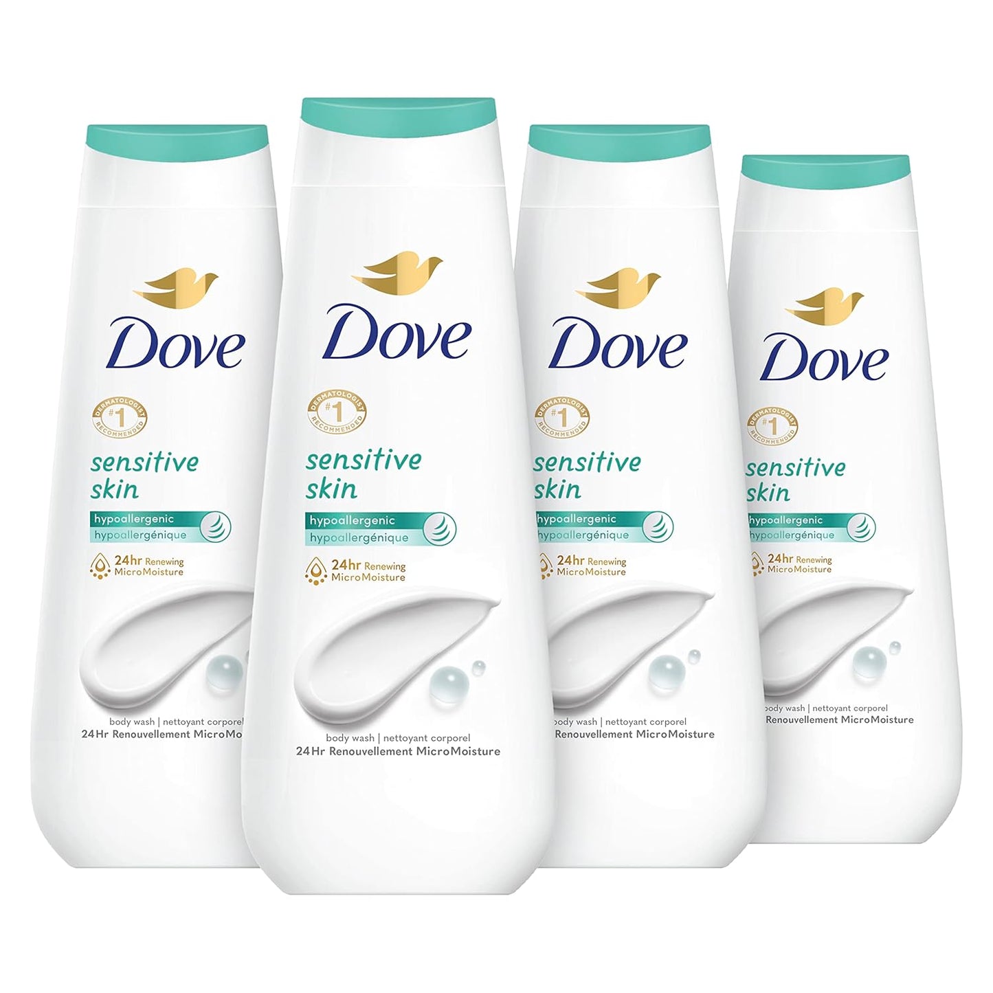 Dove Gel de Ducha Piel Sensible Paquete de 4 Hipoalergénico, Sin Parabenos, Sin Sulfatos, Libre de Crueldad Animal, Limpiador Hidratante para la Piel Elimina Eficazmente las Bacterias Mientras Nutre la Piel 591 ml