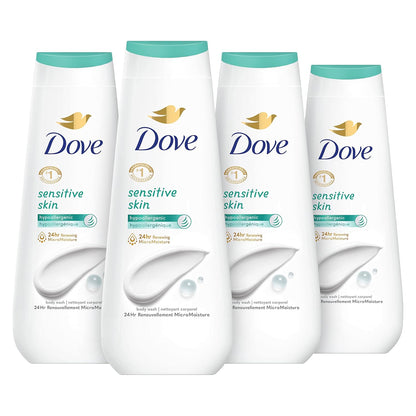 Dove Gel de Ducha Piel Sensible Paquete de 4 Hipoalergénico, Sin Parabenos, Sin Sulfatos, Libre de Crueldad Animal, Limpiador Hidratante para la Piel Elimina Eficazmente las Bacterias Mientras Nutre la Piel 591 ml