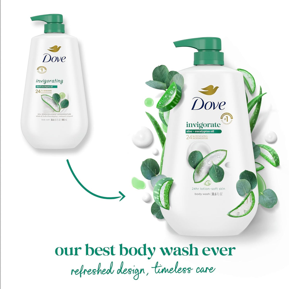 Gel de ducha Dove con dosificador Aloe & Eucalipto Tonificante Para una piel suave como la de una loción durante 24h Limpiador hidratante sin sulfatos ni parabenos 907 g