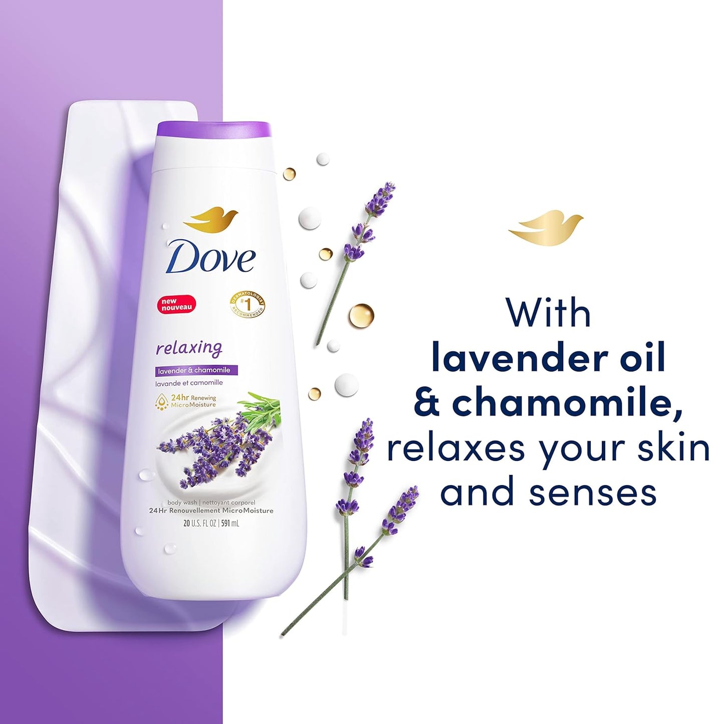 Dove Gel de Ducha 4 Unidades Relajante con Aceite de Lavanda y Manzanilla para una Piel Renovada y de Aspecto Saludable Limpiador Suave con Microhumedad Renovadora de 24 horas 20 oz