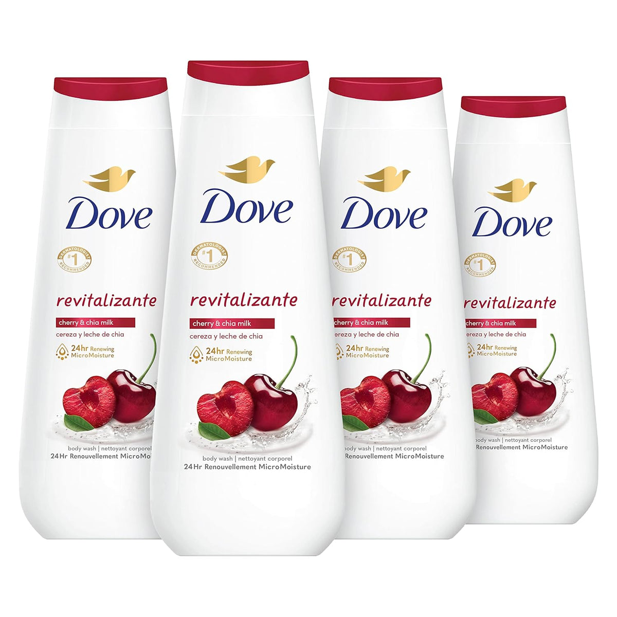 Dove Jabón Corporal Revitalizante Cherry & Chia Milk, 4 unidades para una piel renovada y saludable, Limpiador suave con MicroHumectación Renovadora 24h, 591 ml