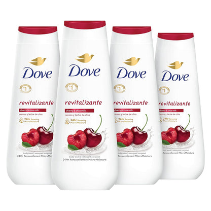 Dove Jabón Corporal Revitalizante Cherry & Chia Milk, 4 unidades para una piel renovada y saludable, Limpiador suave con MicroHumectación Renovadora 24h, 591 ml