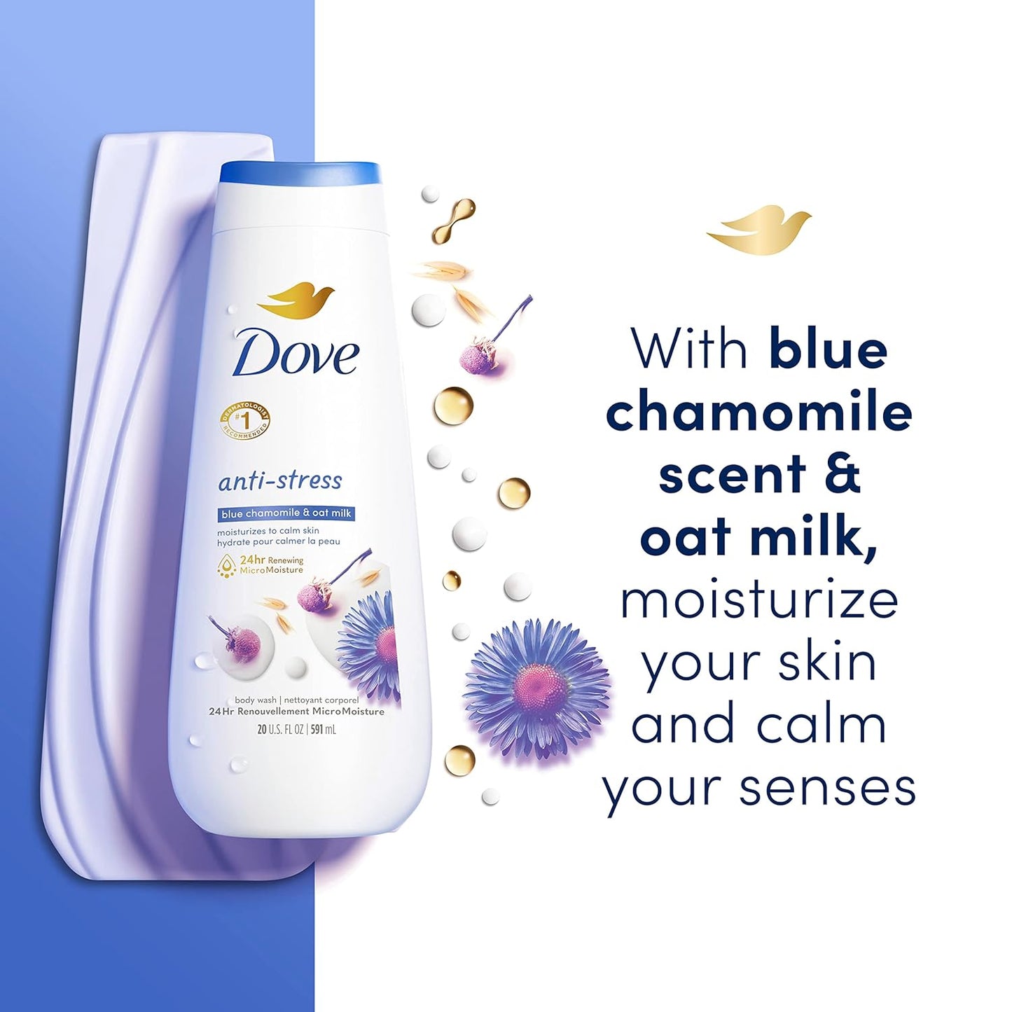 Dove Gel de Ducha Anti-estrés con Manzanilla Azul y Leche de Avena, Paquete de 4, para Piel Renovada y de Aspecto Saludable, Limpiador Hidratante Suave con Microhumedad Renovadora 24h, 591 ml