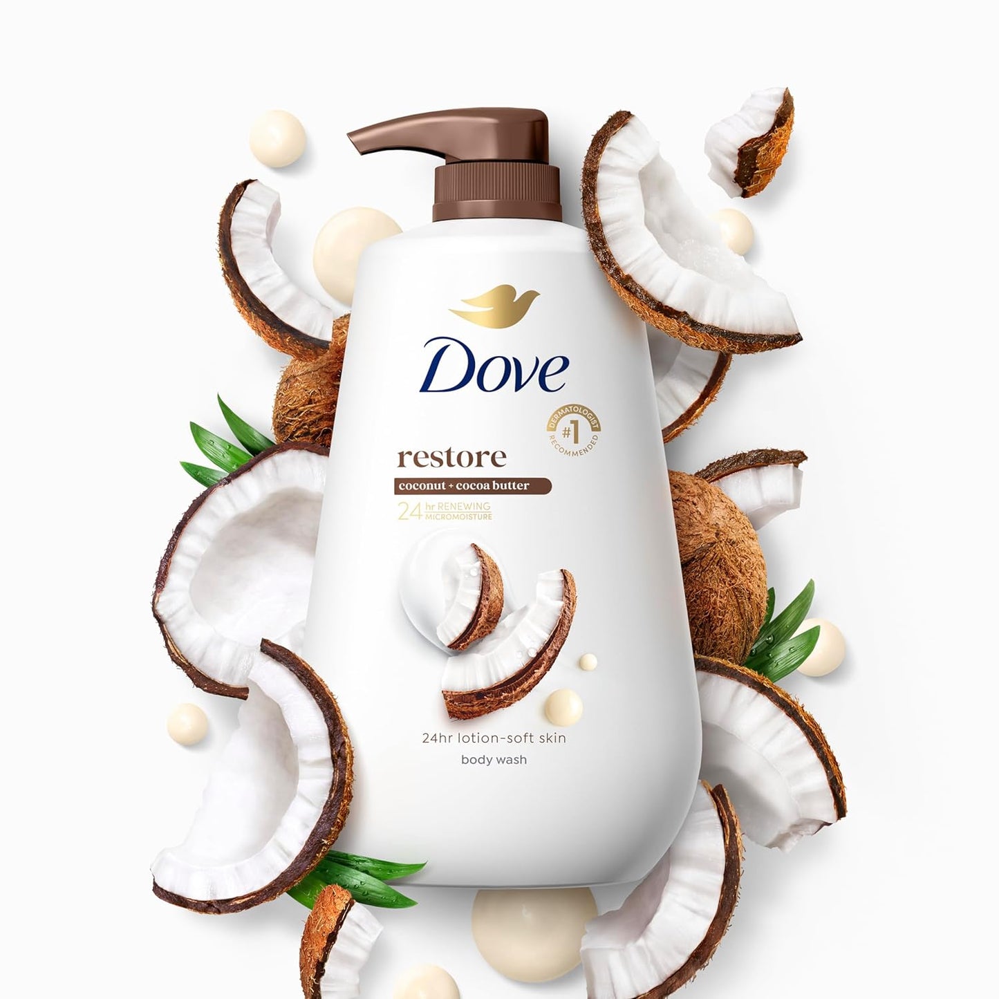 Dove Jabón Líquido Corporal con Dosificador Restore Coco y Manteca de Cacao para Piel Suave como Loción por 24 horas Limpiador Humectante para Piel sin Sulfatos ni Parabenos 907 g