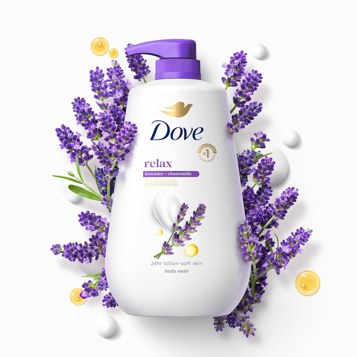 Dove Body Wash con bomba, aceite de lavanda relajante y manzanilla, paquete de 3 para una piel renovada y saludable, limpiador suave para la piel con micromohidratación renovadora de 24 horas, 30.6 onzas