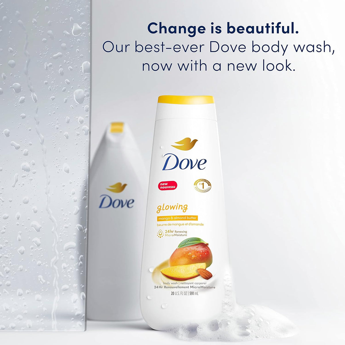 Dove Body Wash Mango Radiante y Manteca de Almendras Paquete de 4 para una Piel Renovada y con Aspecto Saludable, Limpiador Corporal Suave con MicroHumectación Renovadora de 24 horas, 591 ml