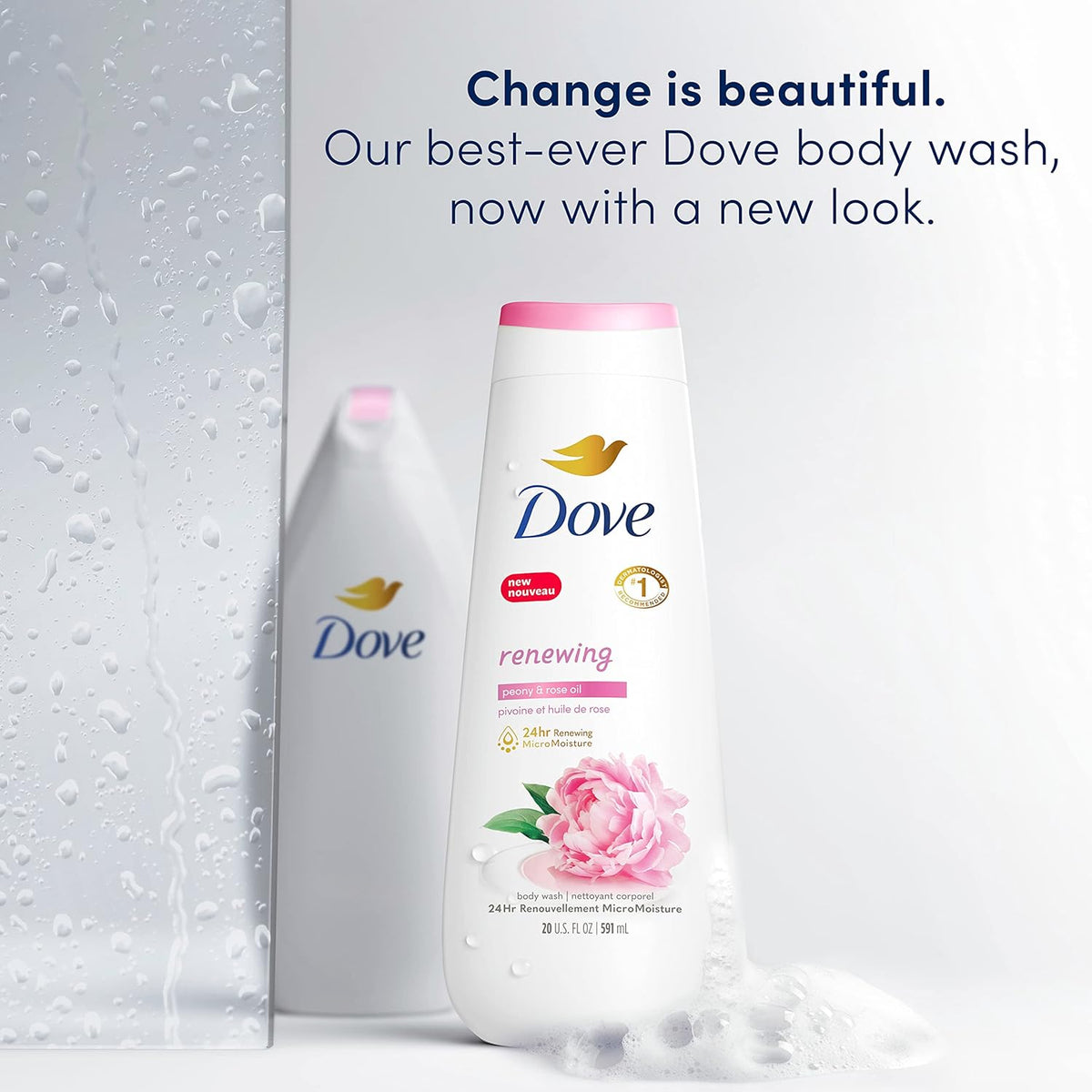 Jabón corporal Dove 4 unidades Renovación de peonía y aceite de rosa para una piel renovada y de aspecto saludable, limpiador suave con microhumectación renovadora 24 horas, 20 oz