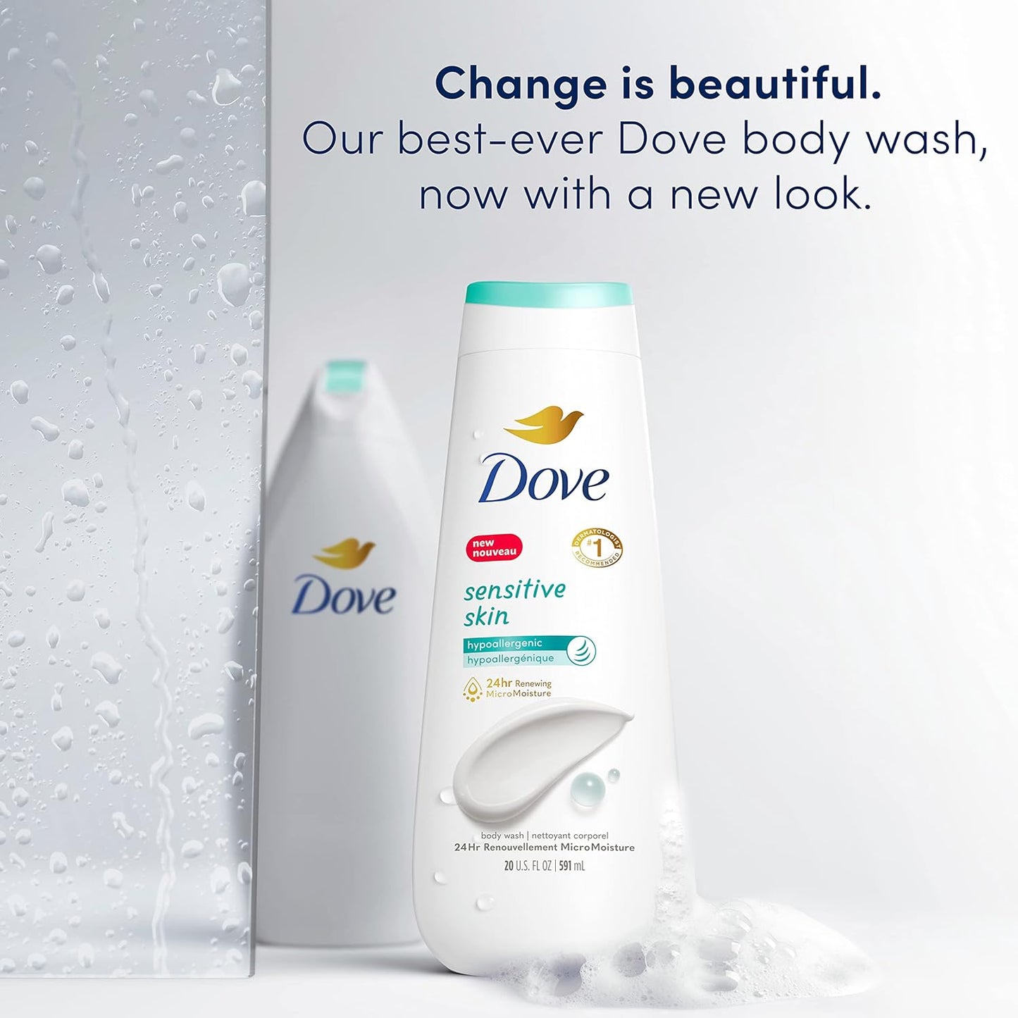 Dove Gel de Ducha Piel Sensible Paquete de 4 Hipoalergénico, Sin Parabenos, Sin Sulfatos, Libre de Crueldad Animal, Limpiador Hidratante para la Piel Elimina Eficazmente las Bacterias Mientras Nutre la Piel 591 ml