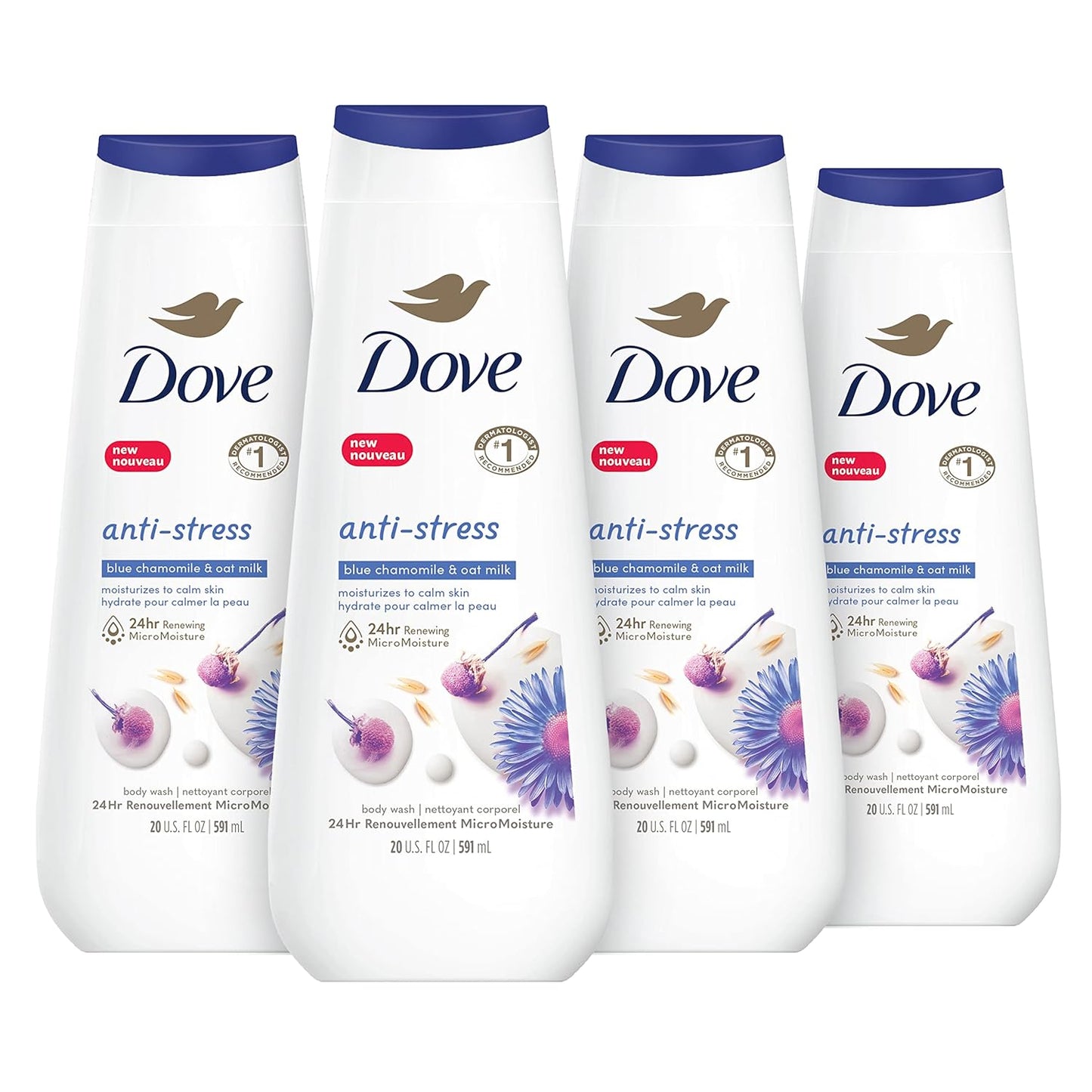 Dove Gel de Ducha Anti-estrés con Manzanilla Azul y Leche de Avena, Paquete de 4, para Piel Renovada y de Aspecto Saludable, Limpiador Hidratante Suave con Microhumedad Renovadora 24h, 591 ml