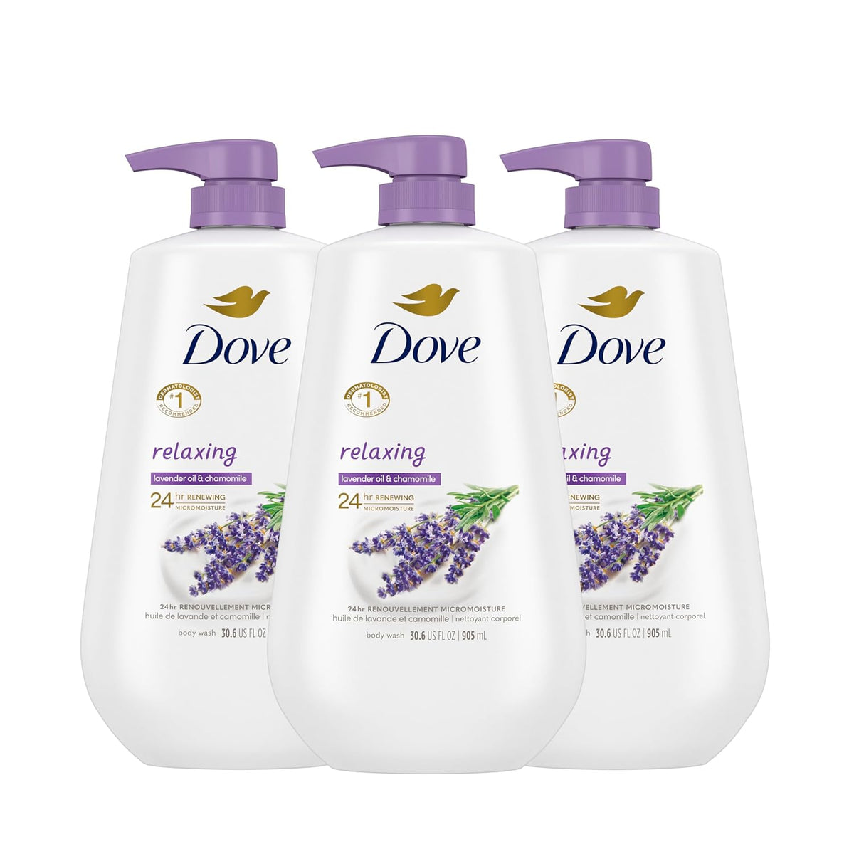 Dove Body Wash con bomba, aceite de lavanda relajante y manzanilla, paquete de 3 para una piel renovada y saludable, limpiador suave para la piel con micromohidratación renovadora de 24 horas, 30.6 onzas
