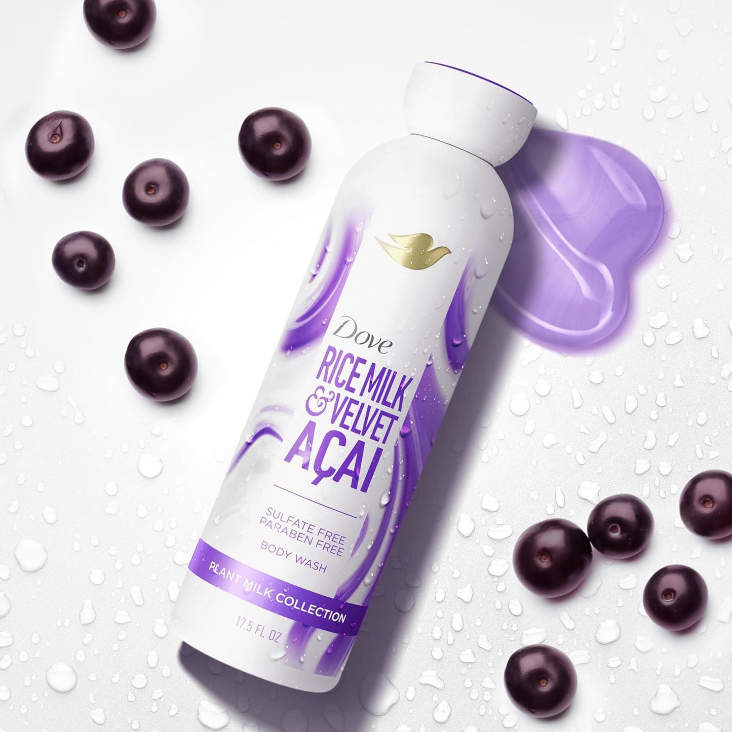 Gel de baño limpiador Dove Plant Milk Açaí y leche de arroz para mujer para una piel humectada 17.5 fl oz