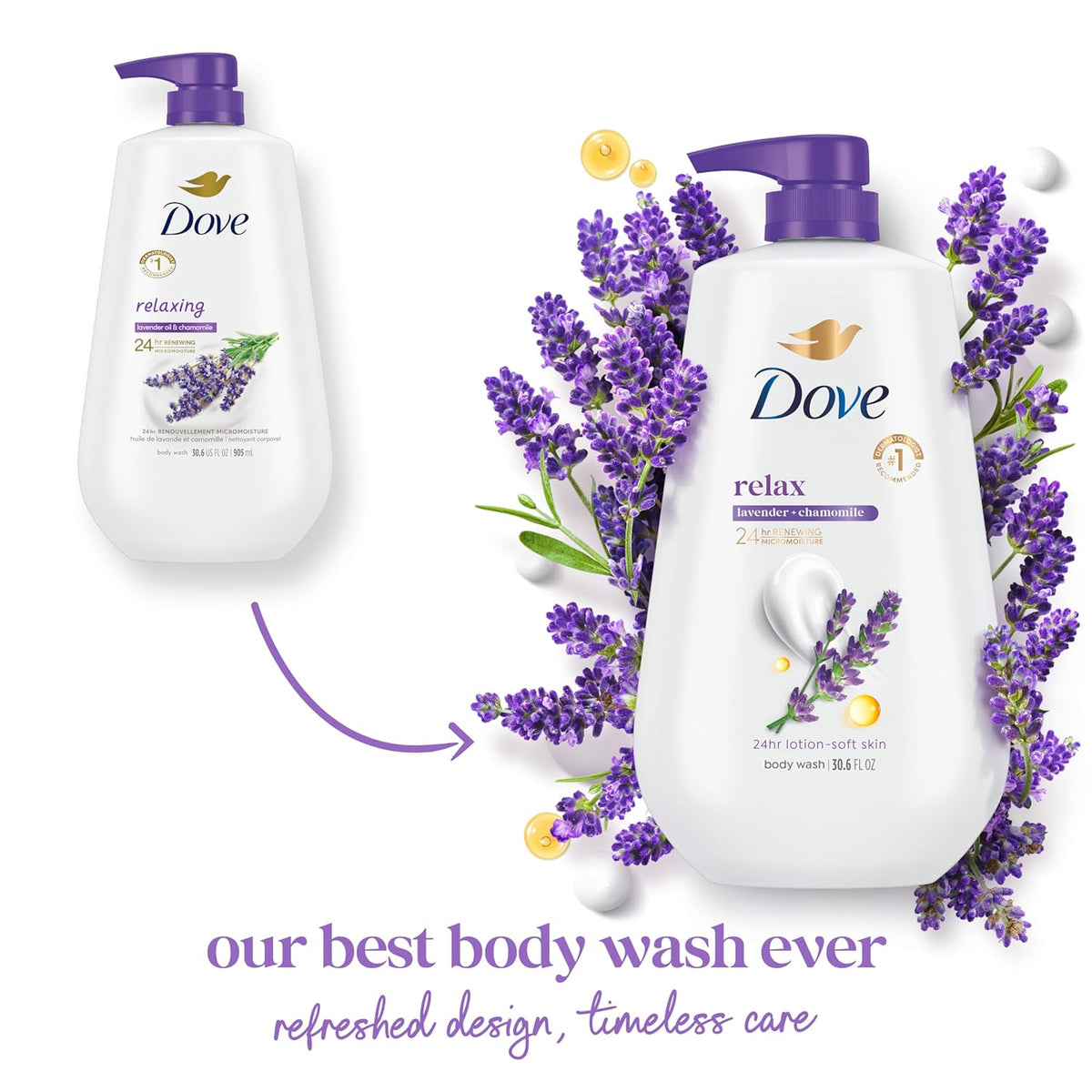 Dove Body Wash con bomba, aceite de lavanda relajante y manzanilla, paquete de 3 para una piel renovada y saludable, limpiador suave para la piel con micromohidratación renovadora de 24 horas, 30.6 onzas