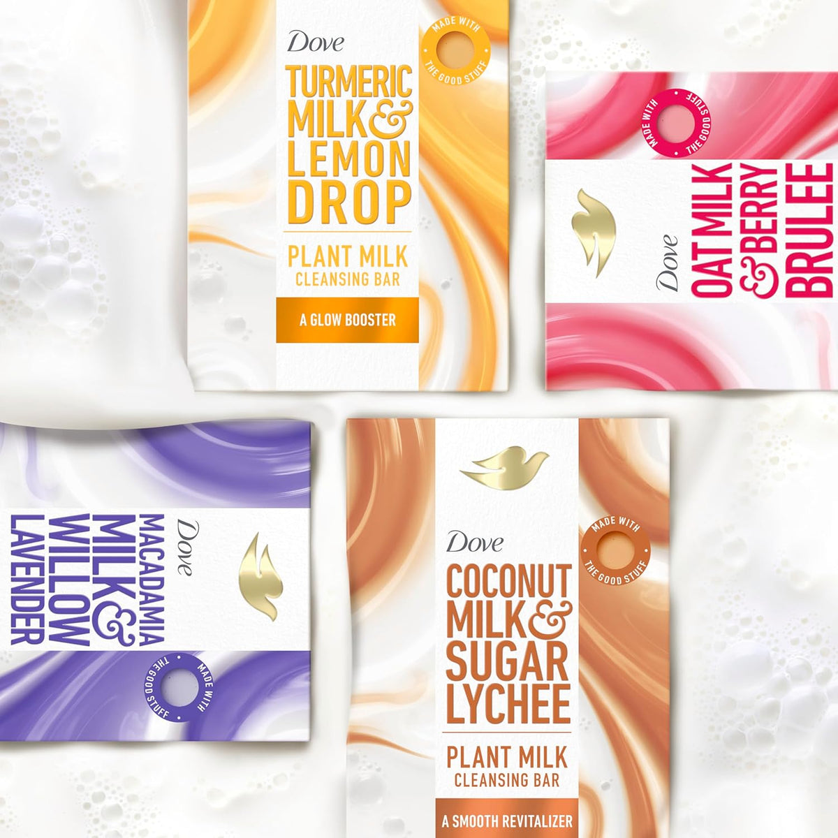 Dove Plant Milk Cleansing Bar Soap Coconut Milk & Sugar Lychee Smooth Revitalizer 4 Count for Moisturized Skin Gentle Cleanser, No Sulfate Cleansers or Parabens, 98% Biodegradable Formula 5 oz